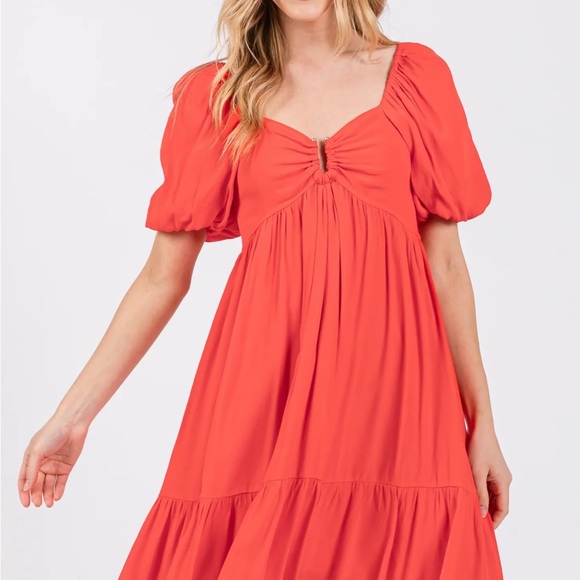 Brand new with tags! Gorgeous, chic red Puff Sleeve Midi Dress - Picture 2 of 4